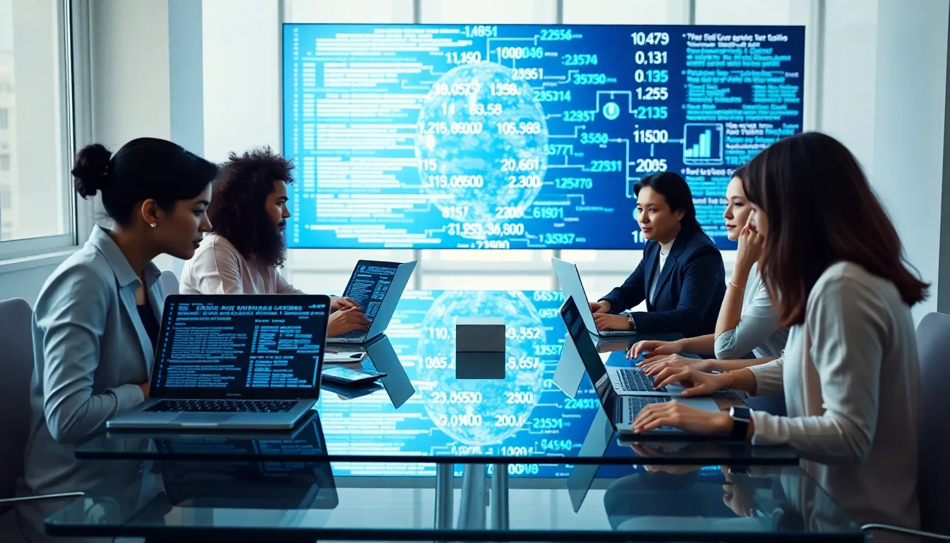 diverse team discussing numerical data in a modern office.