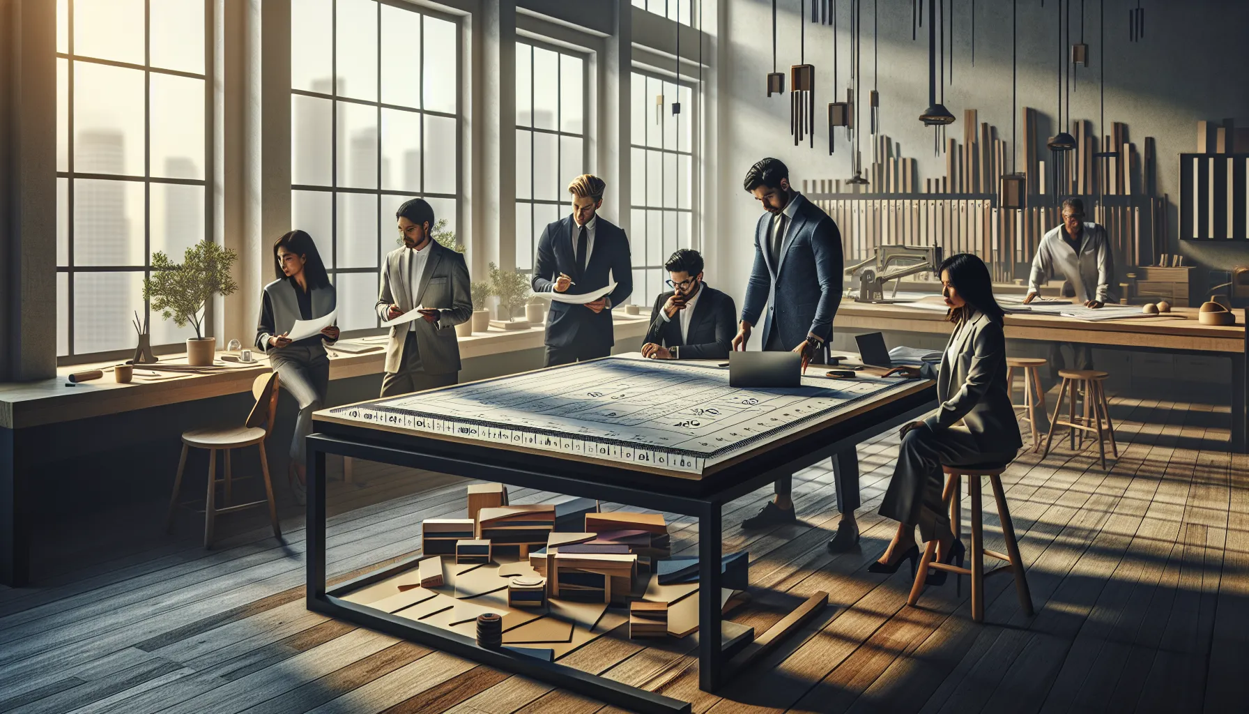 workspace with measurement tools and diverse professionals collaborating.