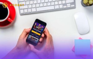 Casino gamer playing on Roobet on mobile